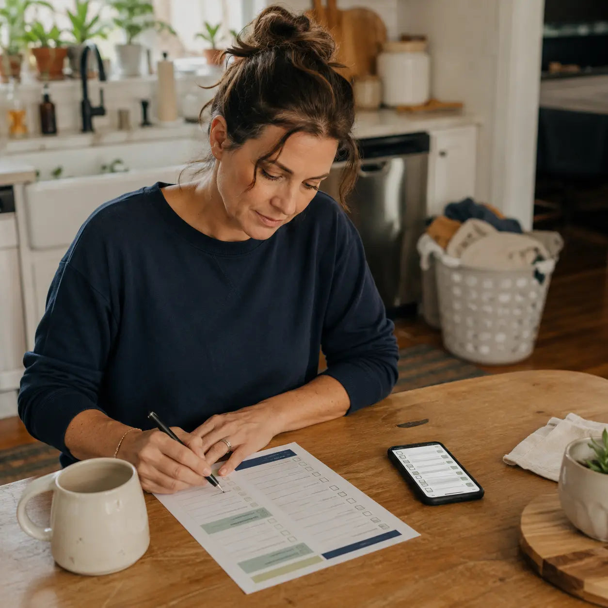 Woman using a printable home reset checklist with the phone guide nearby