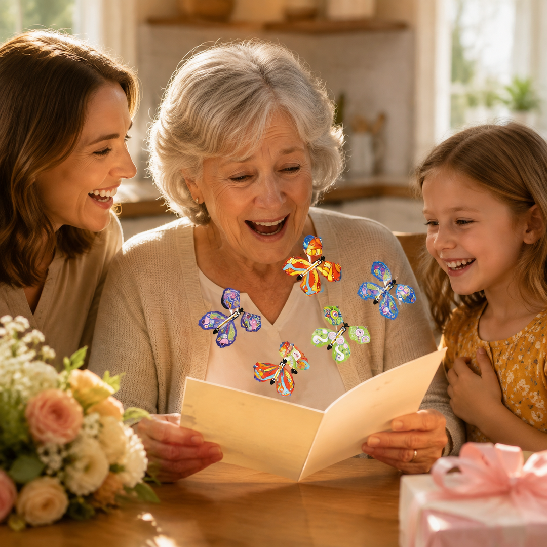 Family enjoying a joyful FlutterWish flying butterfly surprise