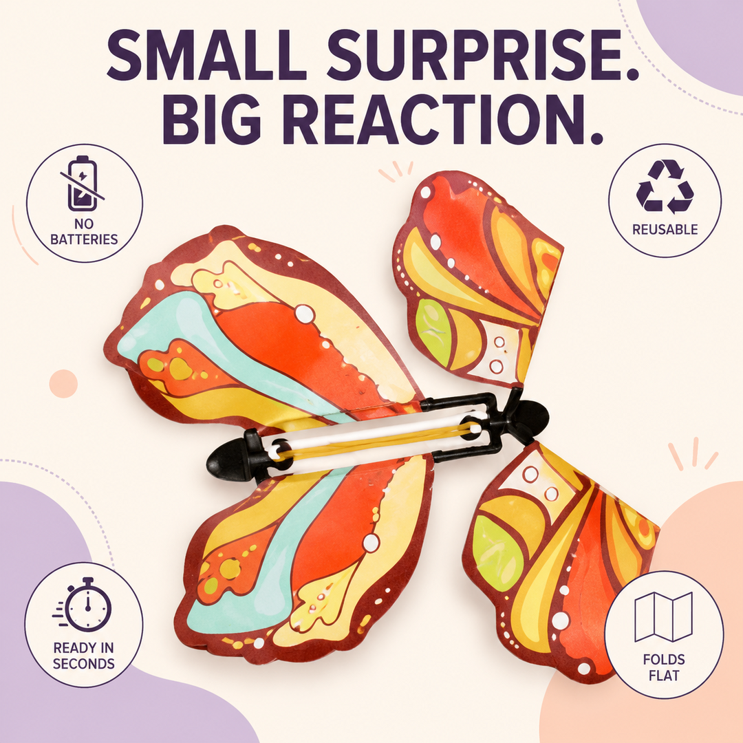 FlutterWish butterfly features including reusable, battery-free and quick setup