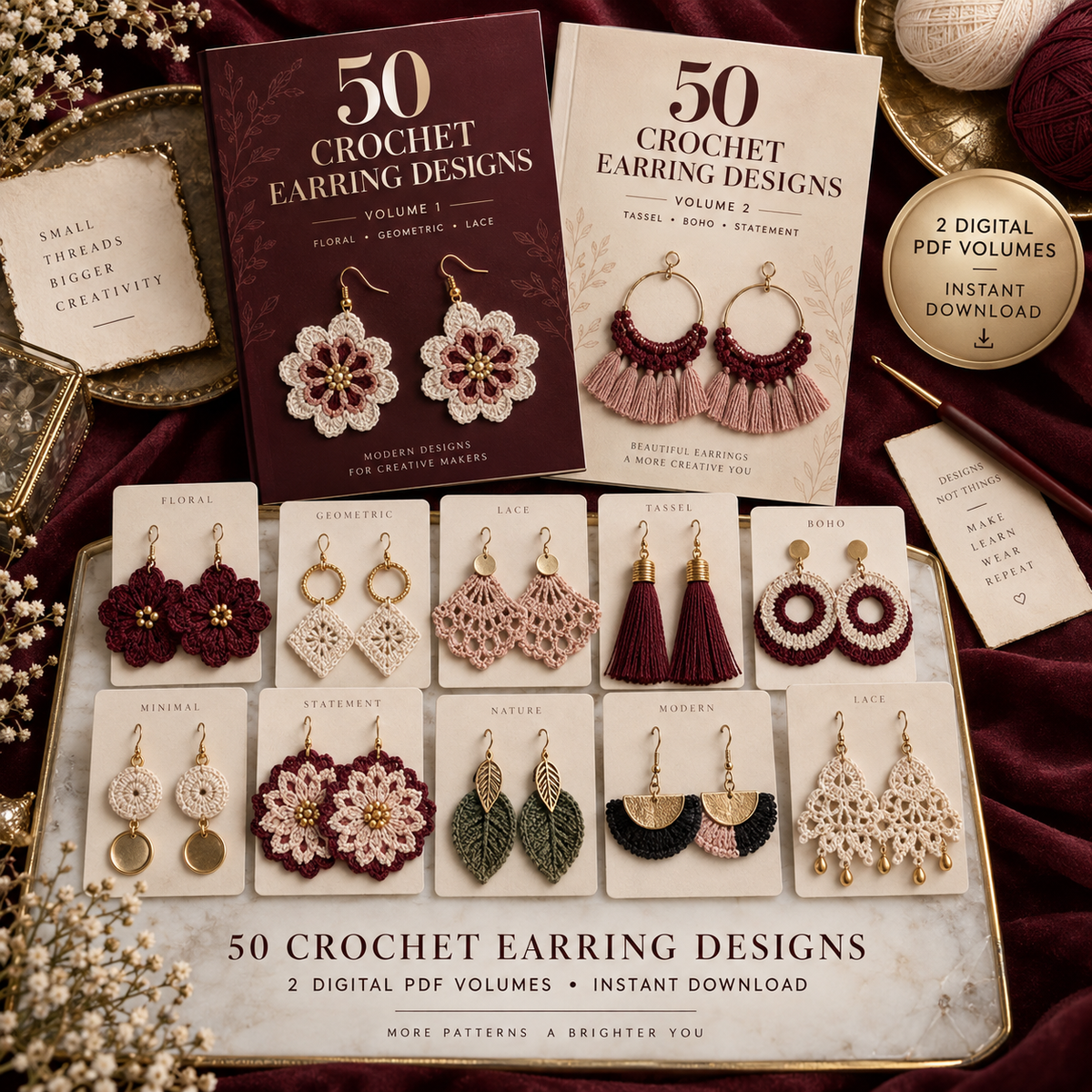50 crochet earring designs in two digital PDF volumes