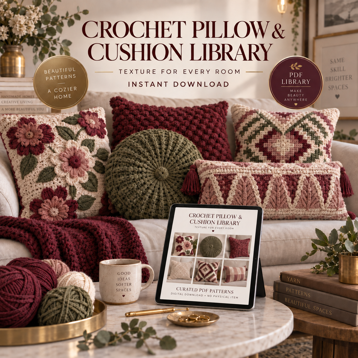 Crochet pillow and cushion pattern library digital download