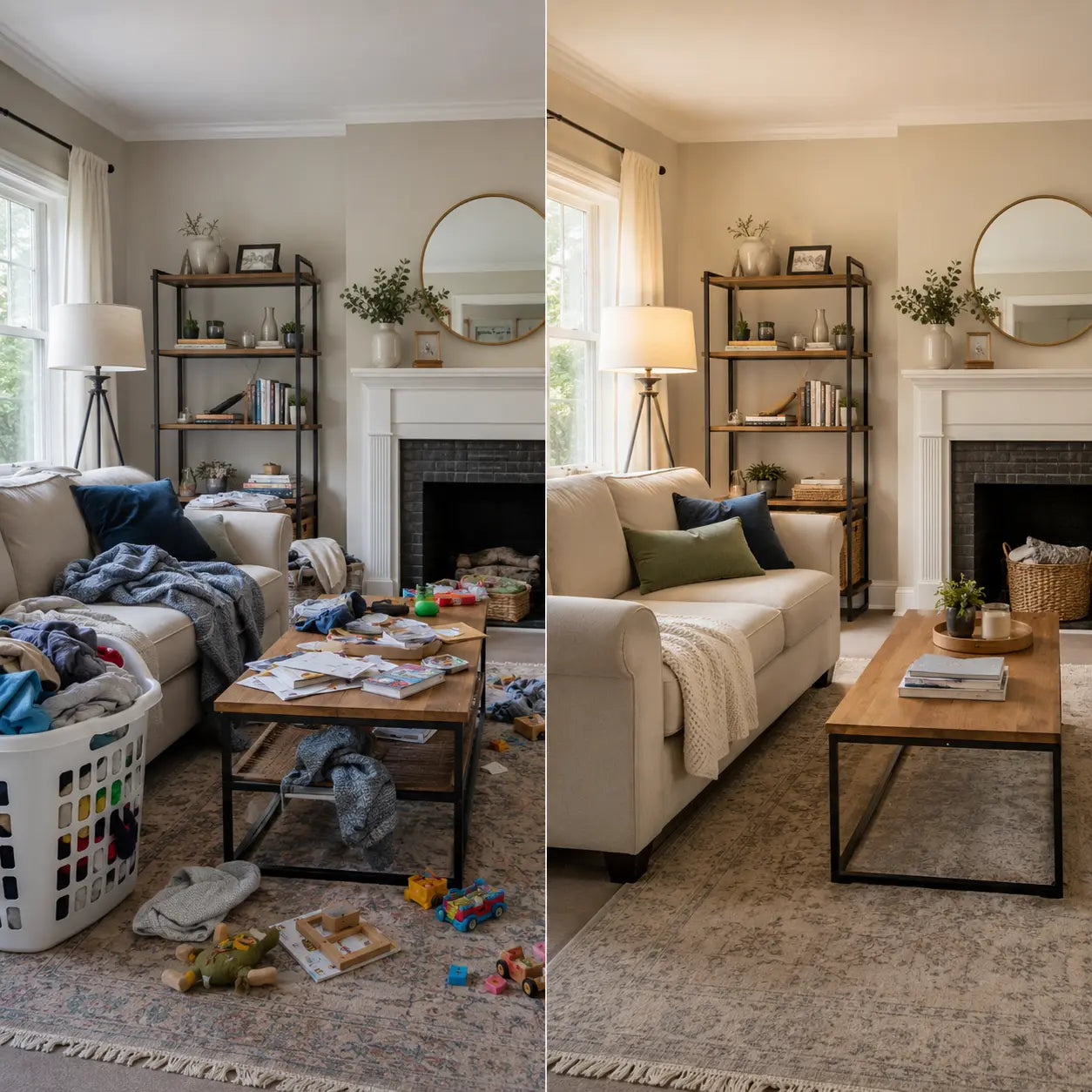 The same living room before and after a realistic home reset